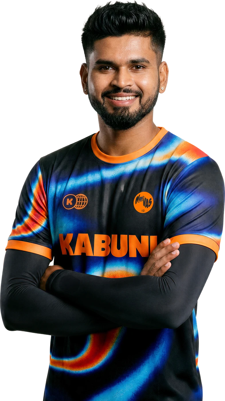 Shreyas Iyer wearing the Novas shirt