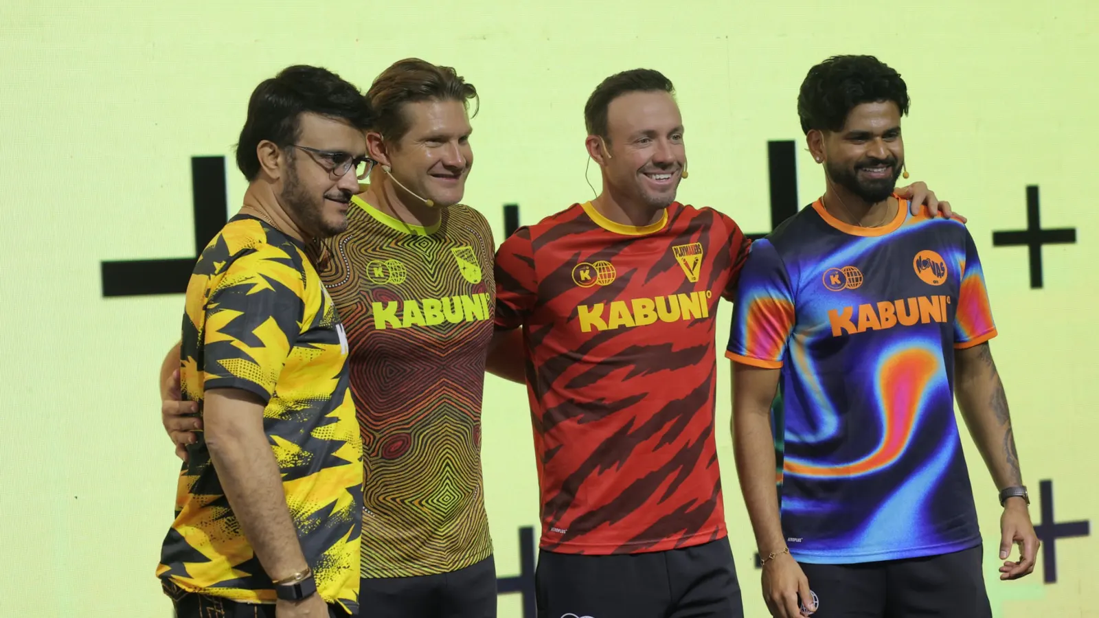 Sourav Ganguly, Shane Watson, AB de Villiers and Shreyas Iyer on stage at the Playtime 26 launch